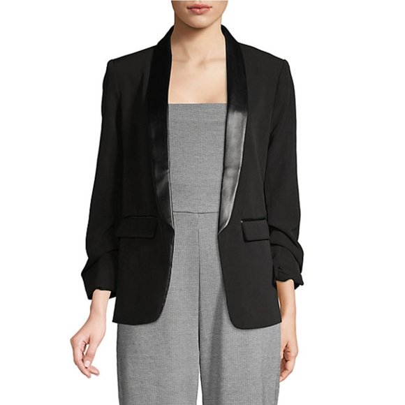 Laundry by Shelli Segal Black Ruched Sleeve Faux Leather Trimmed Blazer sz 20W - Picture 1 of 6